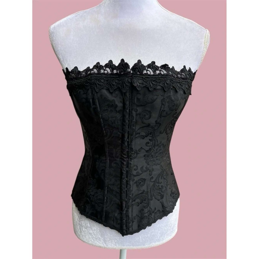 Fredericks Corset Top Women 32 Black Damask Brocade Lace Trim Lace Up Back #7000